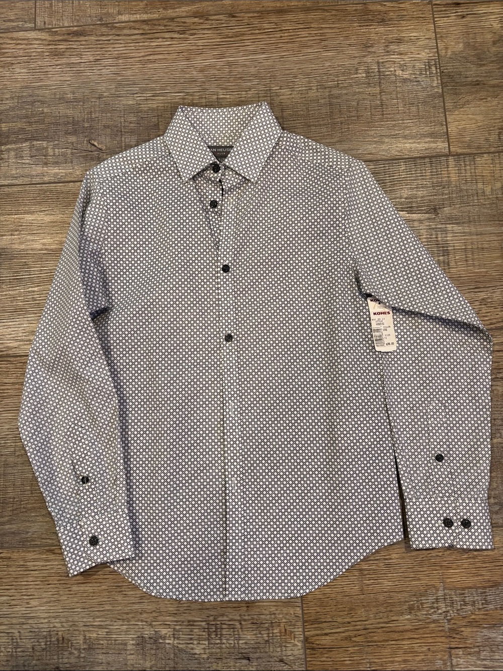Boys dress shirt, white with black square design.